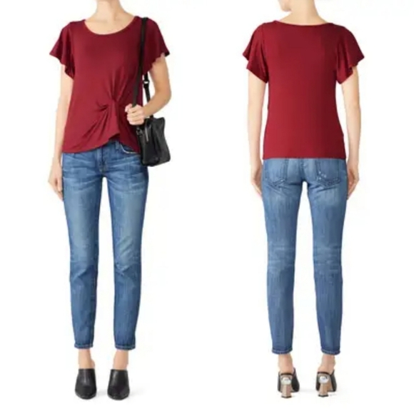 Slate & Willow Red Ruched Flutter Sleeve Top S - Picture 2 of 12